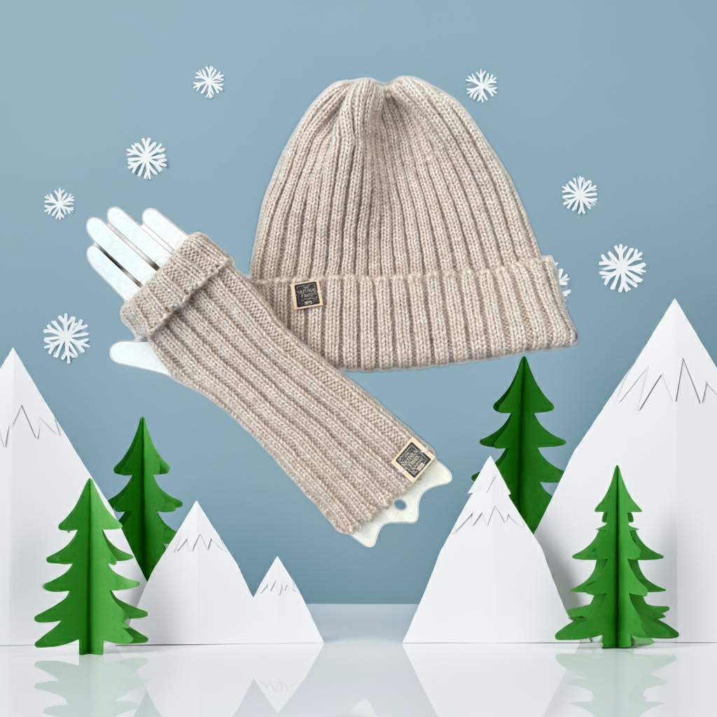 Plain Ribbed Hat and Mitts Set
